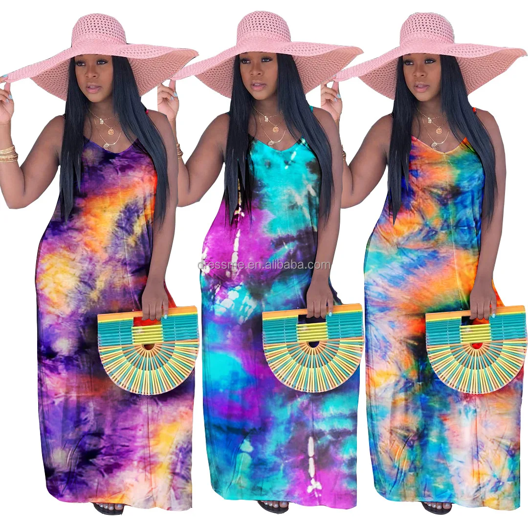 

MT86-1099 2021 Summer Long Dresses Women Printing Beachwear Slip Dress For Ladies Floor Length Loose Tie-dye Dresses