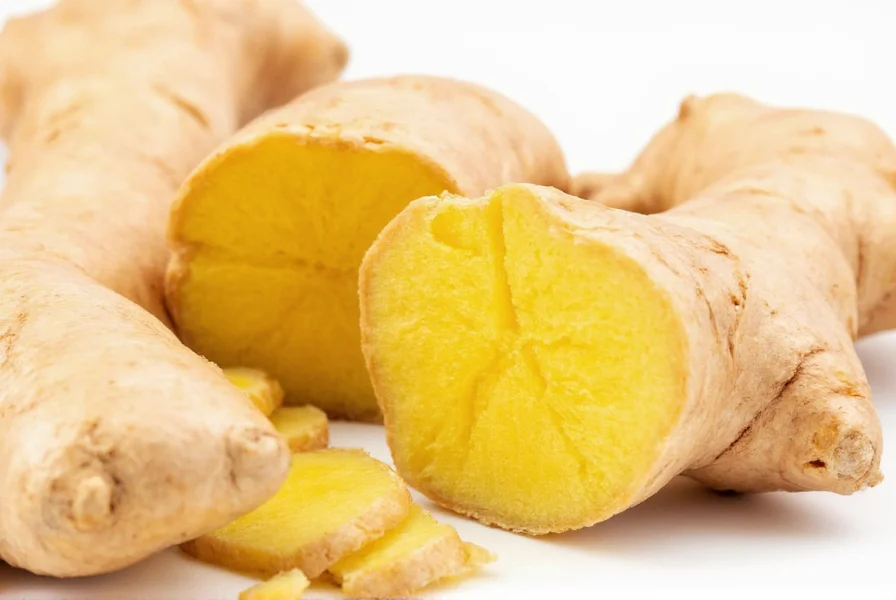 Fresh ginger root sliced for tea preparation showing fibrous interior and golden color