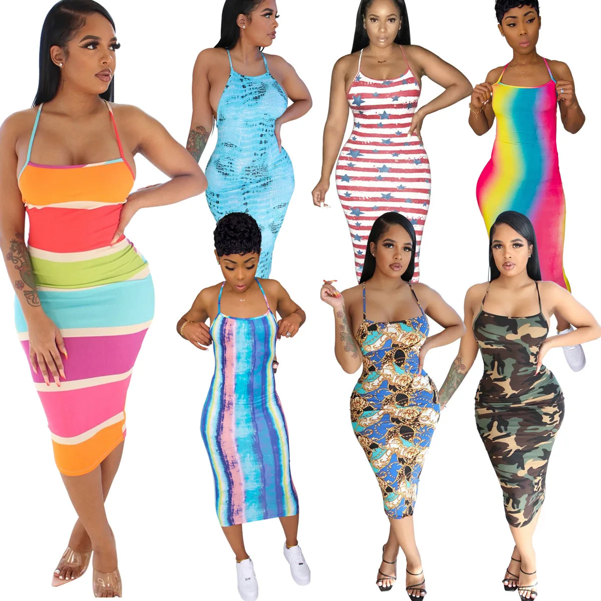 

New Summer Women's Clothing European and American Fashion Sexy Print Suspender Halter Dress, Picture color