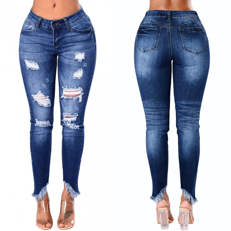 

Wholesale ladies fashion skinny sexy woman trousers 2021 washed ripped slim fit jeans denim pants for women clothing, Blue
