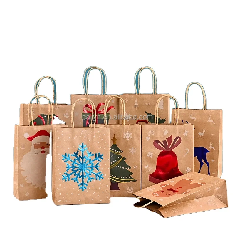 

Cailyn Customized Reusable Shopping Bag Drawstring Kraft Paper Bag Holiday Gift Bag with Handles for Christmas Gravure Printing