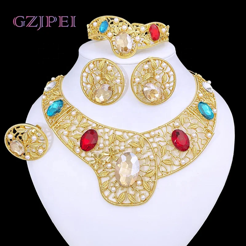 

Luxury Design Necklace Earrings Bracelet Ring Women Jewelry Vintage Colored Stones Nigeria Africa Gold Color Jewelry Set