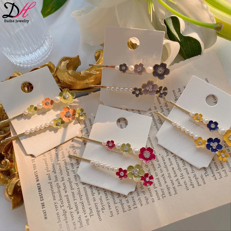 

Elegant pearl enamel small colorful flower one-word hairpin set retro diamond side bangs clip gold two-piece hairpin set, Creamy-white