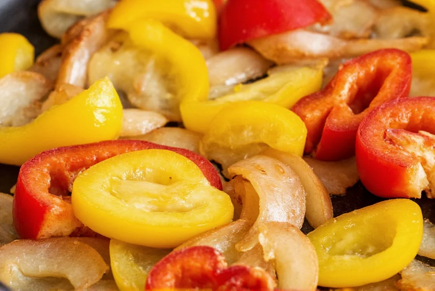 Close-up of sliced yellow onions and red bell peppers in a cast iron skillet