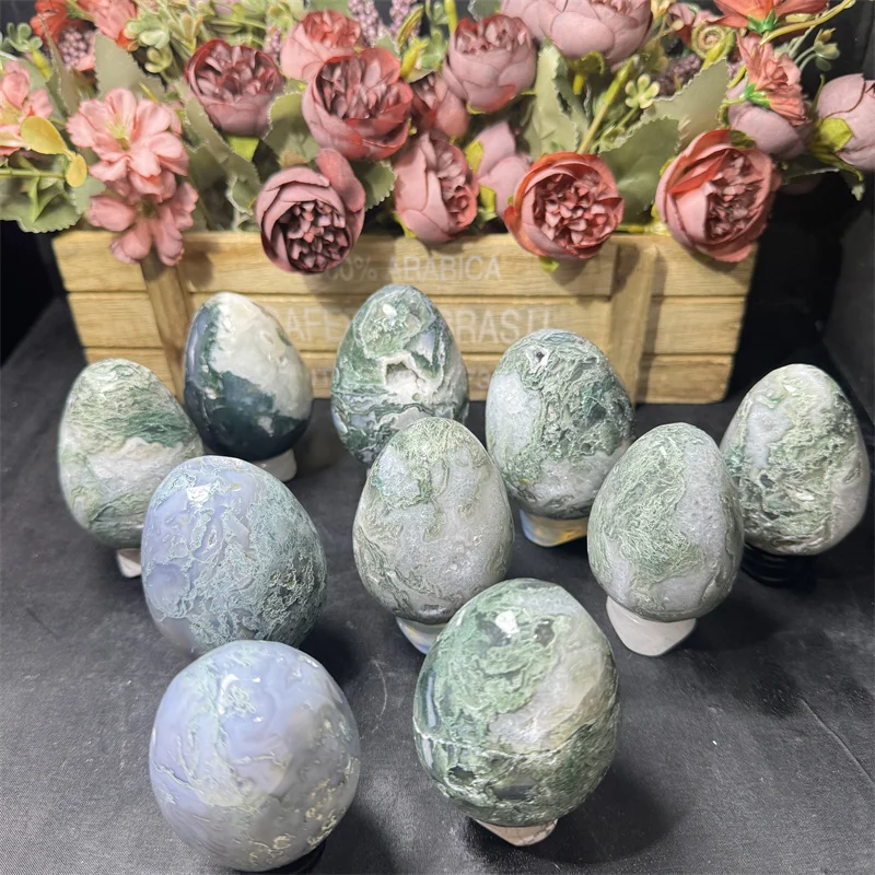Hot Sale  Natural Crystal Stone Healing Moss Agate Egg Carving  for Fengshui Decoration