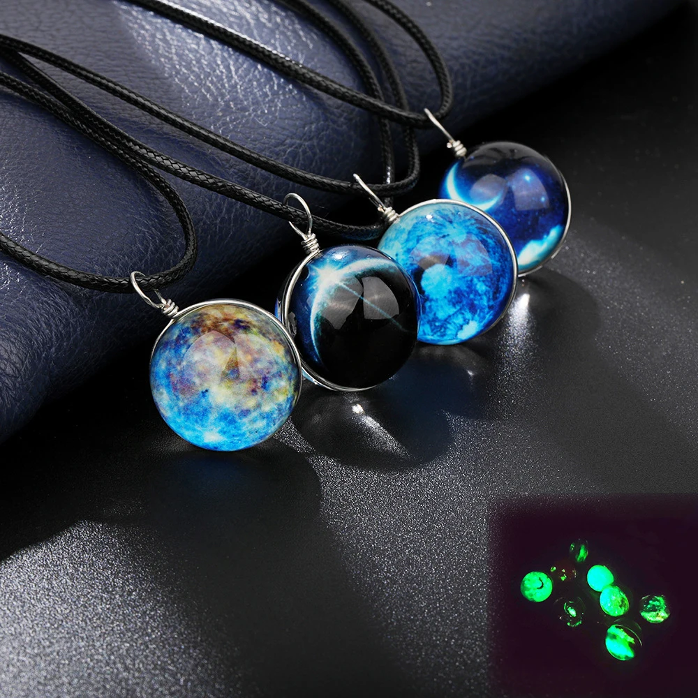 

High Quality Glow in the Dark Luminous Planets Nebula Mercury Venus Earth Mars Jupiter Glass Dome Cabochon Pendant Necklace, Multi-colors/accept custom colors