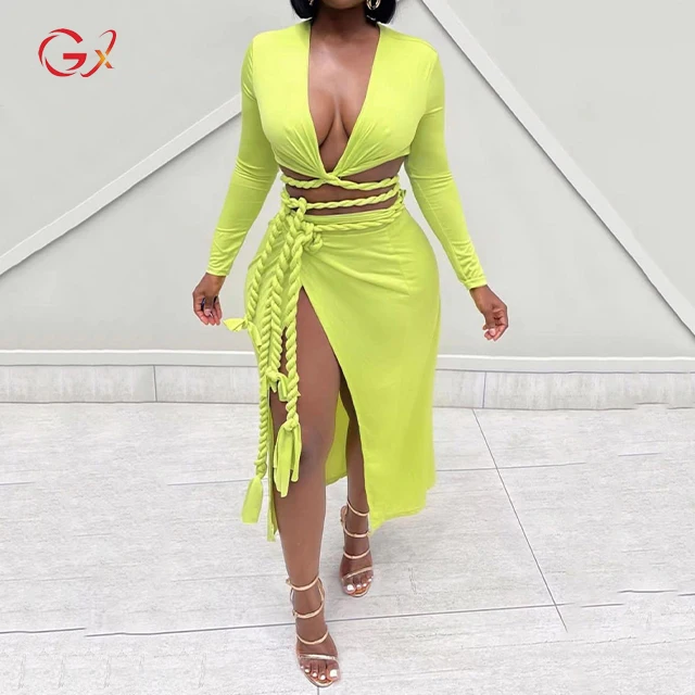 GX2578 New Arrivals Fashion Street Wear Women Long Sleeve V-Neck Crop Top and Slit Maxi Skirts 2 Piece Set