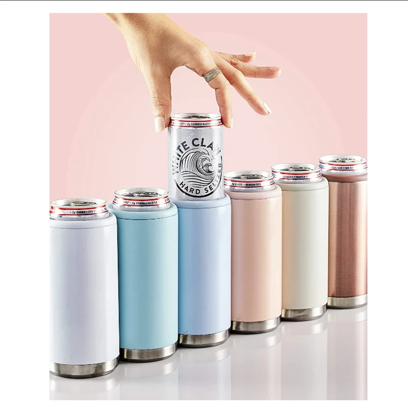 
2020 new ideas 12oz double walled stainless steel vacuum insulated slim beer can holder cooler insulator with lid 