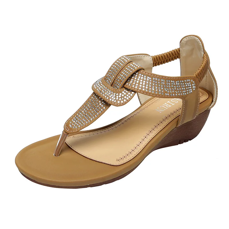 

S327F 2021 new bohemian style glittering surface wedge round toe flip flops fashion sandals women