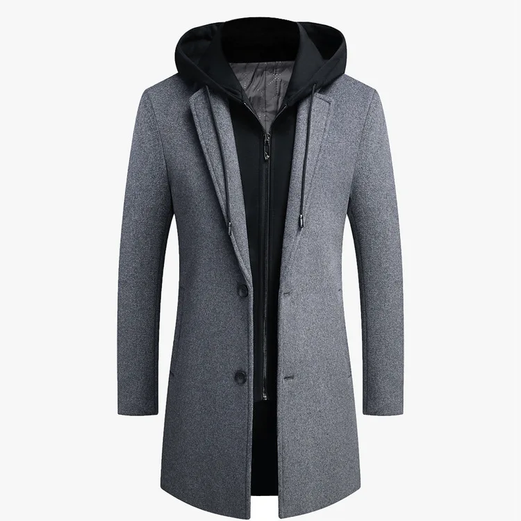 

2021 Trendy Mens Coat Casual Woolen Tweed Coat Detachable Hooded Long Coat for Men