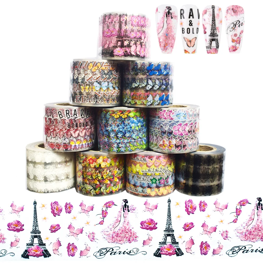 

10Roll Nail Transfer Foil Set Charms Bride Butterfly Lover Manicure Transfer Wraps Decals Nail Art Decorations