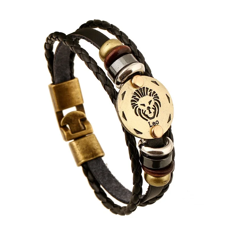 

Twelve Sign Zodiac Custom Wrap Braided Men Women Unisex Genuine Leather Bracelet Engraveable