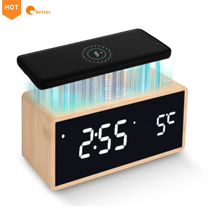 

wooden alarm clock wireless charger new phone charger wireless with led alarm clock, Black/white/wooden/bamboo