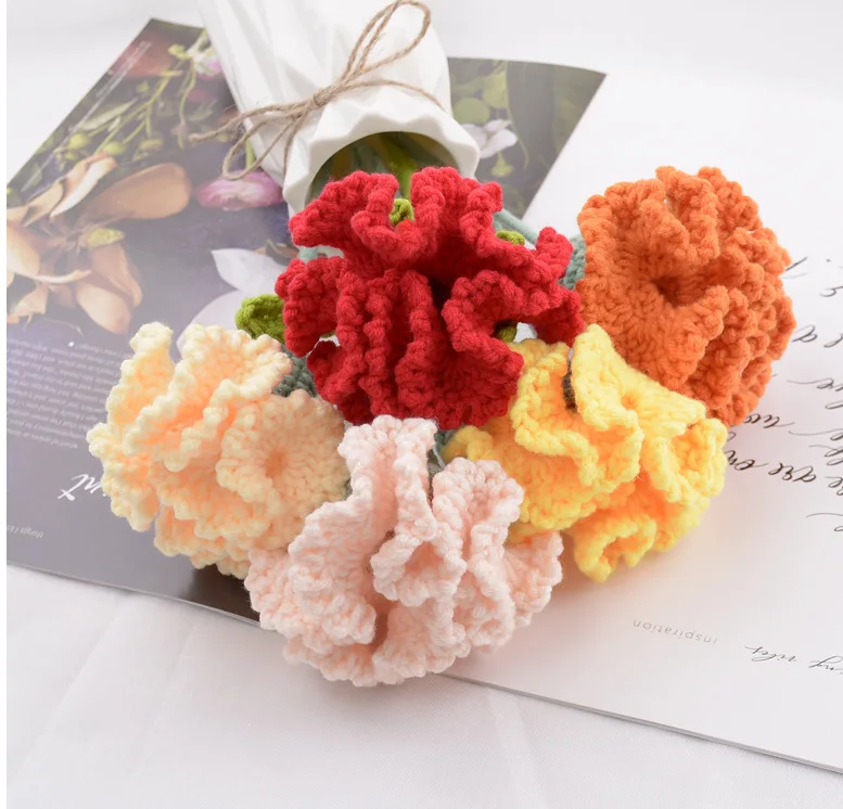 

Handmade Stem Rose Crochet Flower Artificial Knitted Wool Flowers Flocked Bundle Fake Plants Wedding Valentine's gift