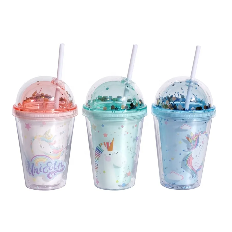 

Girlwill Unicorn Double Wall Dome Lids Plastic Cups With Straws Custom Drink Tumbler Mugs For Milk Tea Coffee,juice and Water, Pink & blue & green