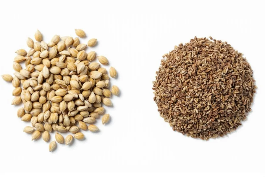 Side-by-side comparison of caraway seeds and cumin seeds showing visual differences in shape, size, and color