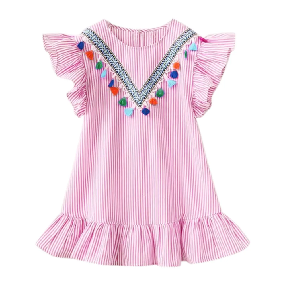 

Girls' neckline fringed fringe fringe dress with vertical stripes