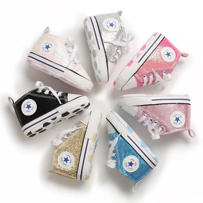 

2020 Newest Canvas bling Sequins Soft sole First walker toddler boy girl baby shoes, 7colors
