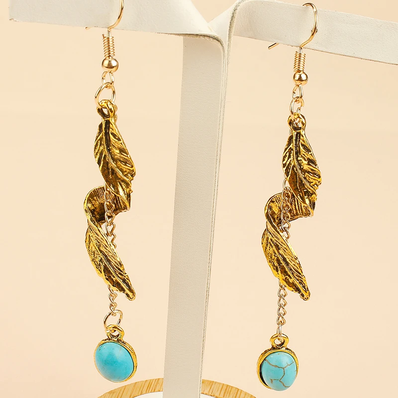 

Fashion Trendy Boho Vintage Leaf Turquoise Earrings For Women Christmas Gift Wholesale 2020 Joyas Jewelry