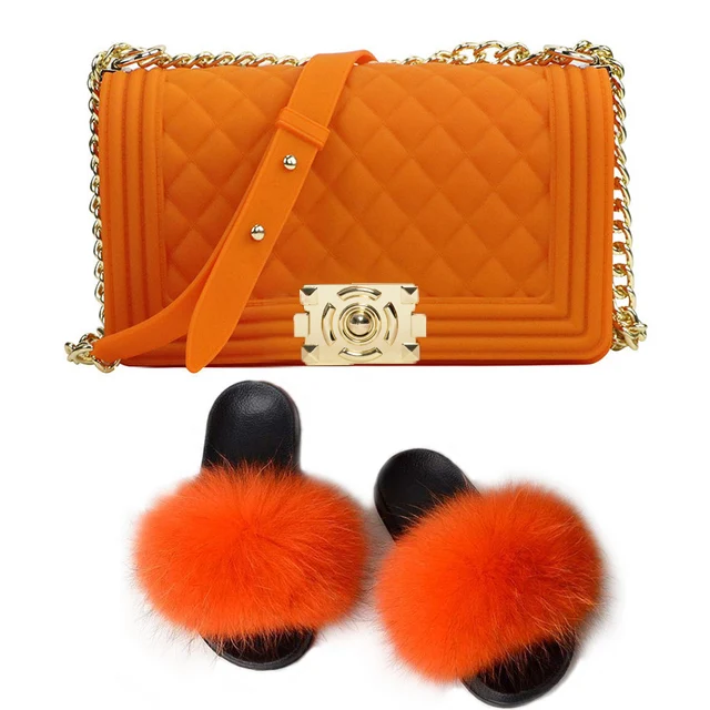 

2021 INS Popular Color Handbags Ladies Shoulder Bag Candy Color Jelly Purse Matching Faux Fox Fur Slippers Sets, Multi colour