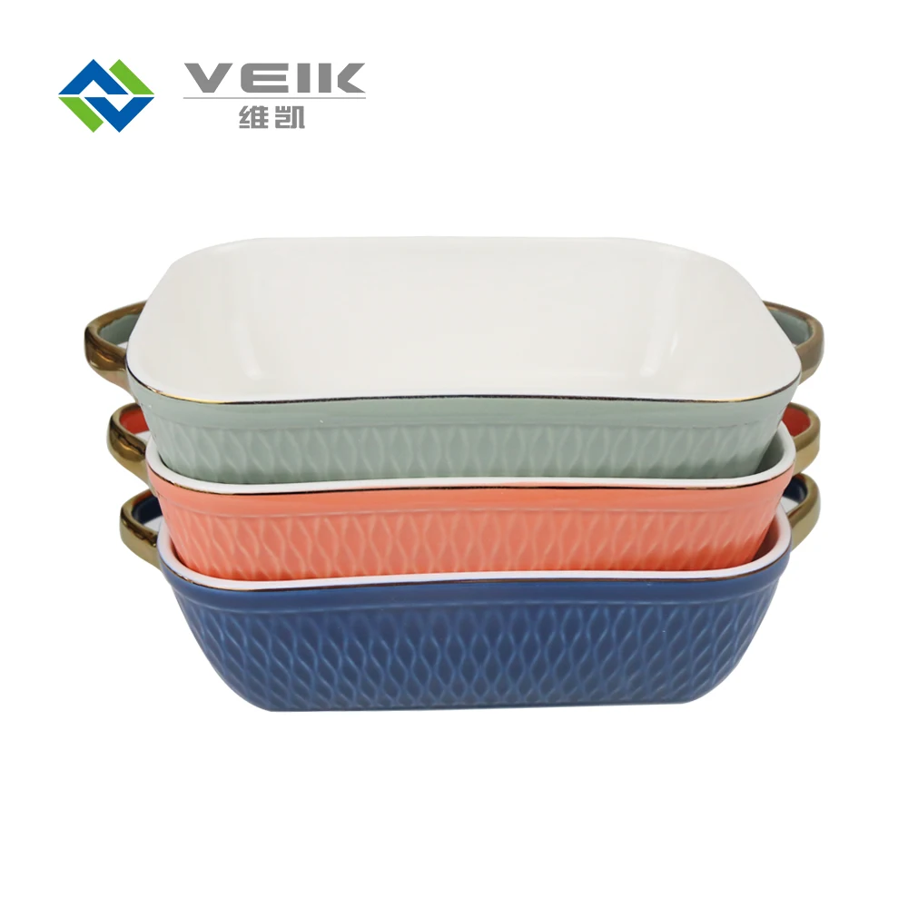 

High quality non stick large square round bakeware ceramic cake baking dish bake pan set tray baking with handle, Blue/orange/green