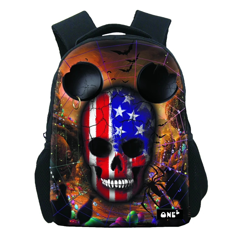 

Lightweight polyester school bags large capacity kid's school bags with side pocket skull design print custom, Customized