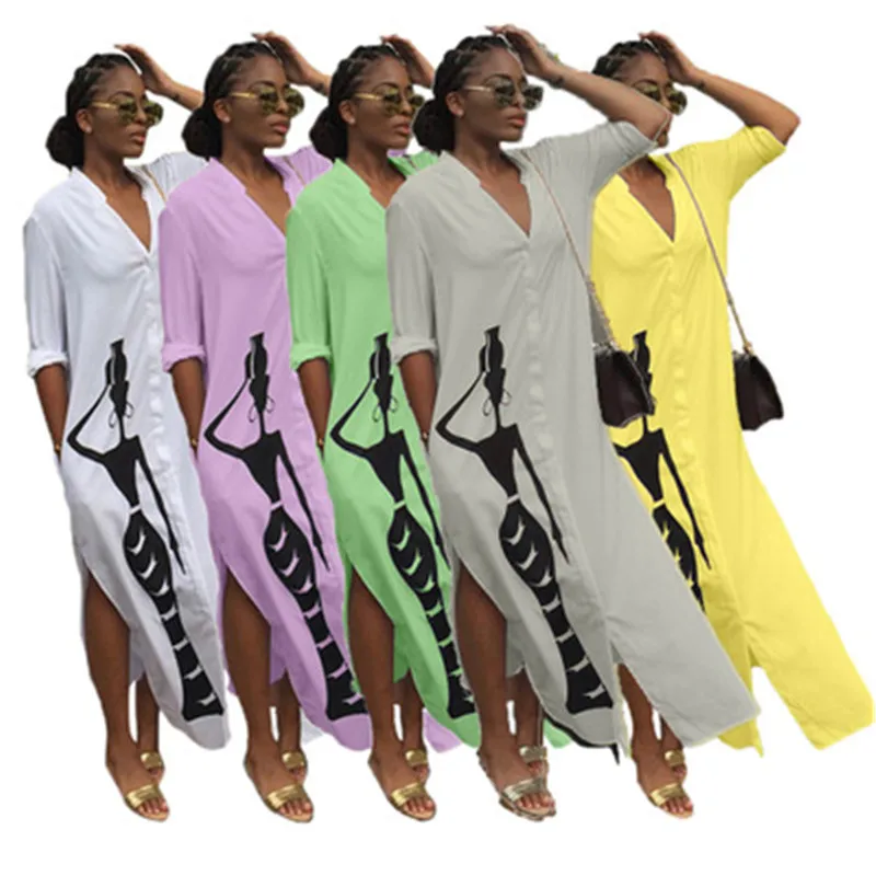 

Women's long sleeve Dress printed V-neck slit long shirt dress, Picture