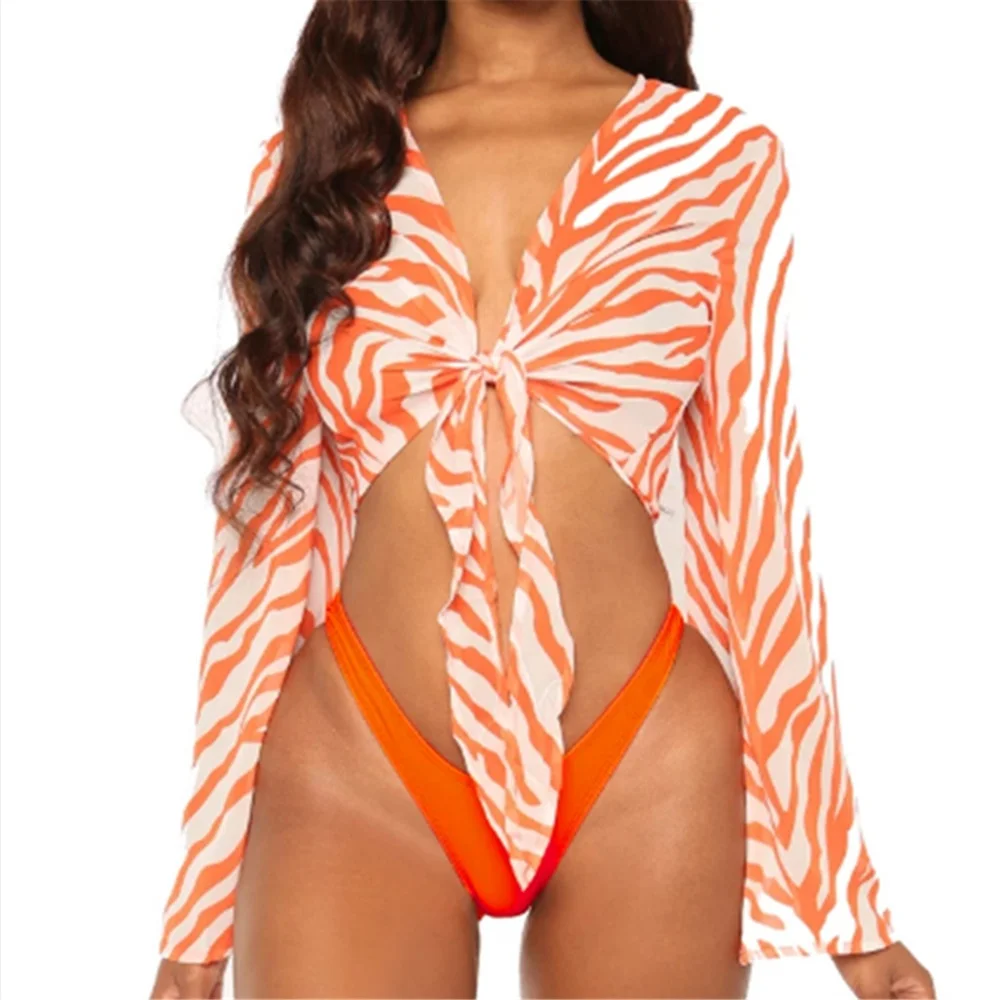 

2020 Mix Color 3 Piece Brazilian Micro Thong Bikini Set Women Long Sleeve Mesh Cover Up Swimwear, Picture