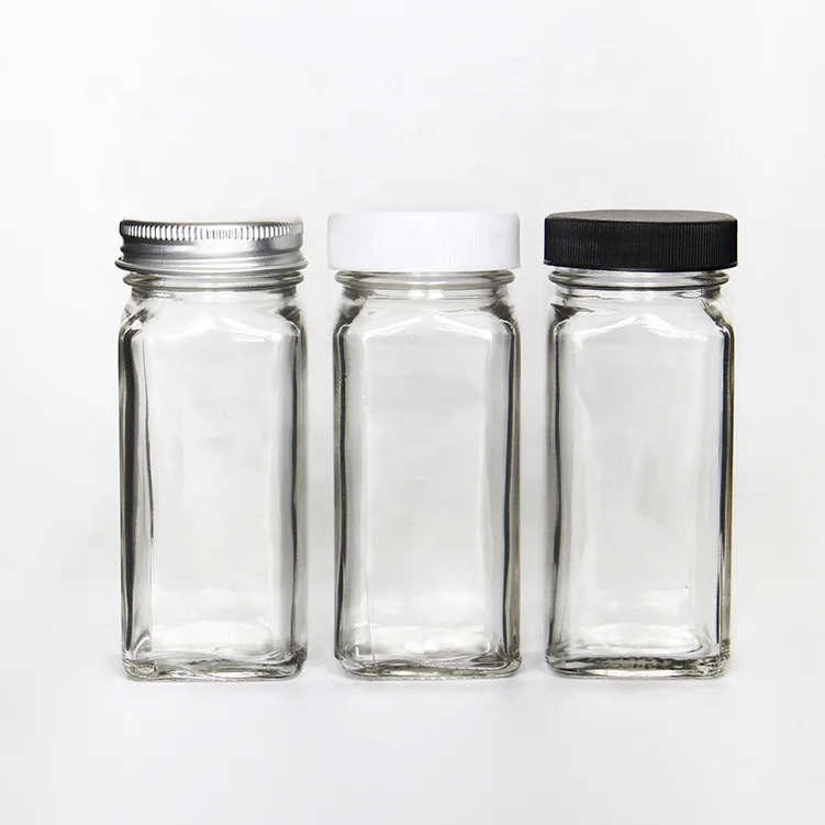 

4 oz 120ml Spice Jar Empty Square Herb Bottles Glass with Shaker and Black Lid