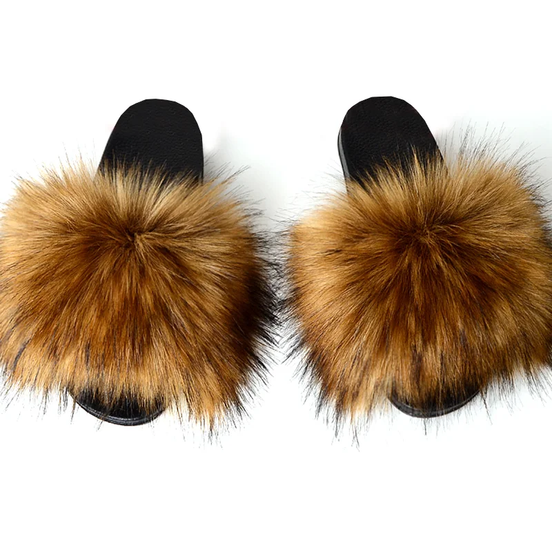 

Top Quality Cheap Price Furry Fake Fur Fox FurSlipper Custom Update Faux Raccoon Fur Slides For Women
