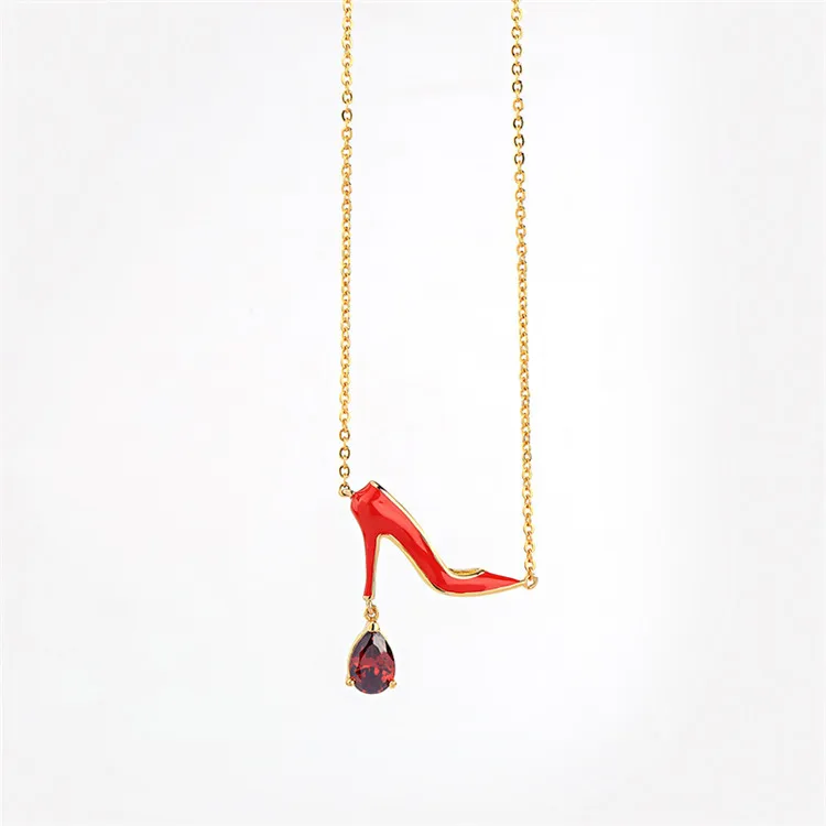 

Women Luxury Jewelry Fashion Gold Plating Red Ruby Crystal Enamel High Heel Shoes Pendant Necklace, As picture