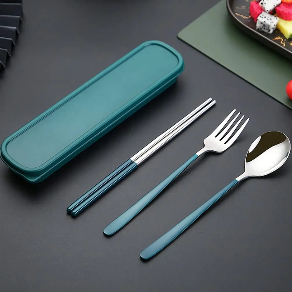 

Korean Reusable Camping Travel Metal Gold Portable Spoon Fork Chopsticks Stainless Steel Cutlery Set With Wheat Case