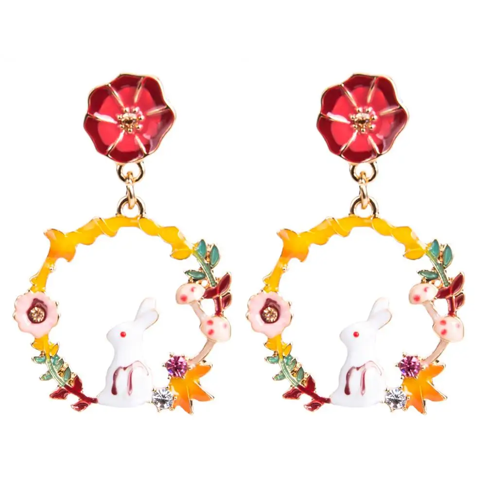 

Christmas New Arrival Vintage Jewelry Cute Colorful Flowers Rabbit Drop Earrings Boho Animal Rabbit Earring For Women, Picture