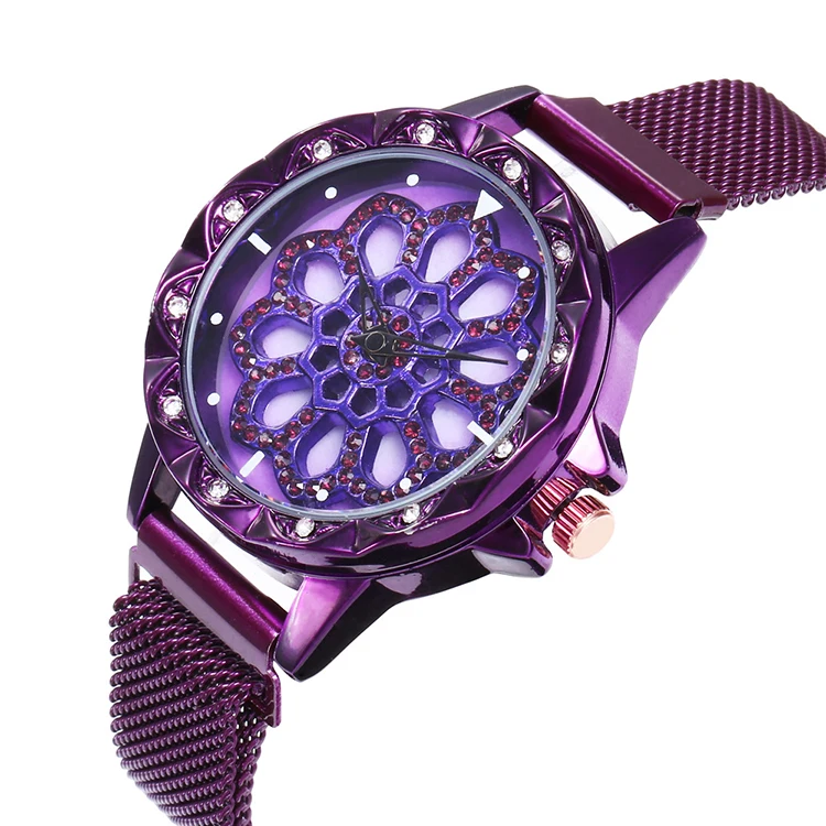 

Fashion Popular Mesh Belt Rotate Dial Novelty Women Watches Magnet Buckle Casual Female Wrist Watch