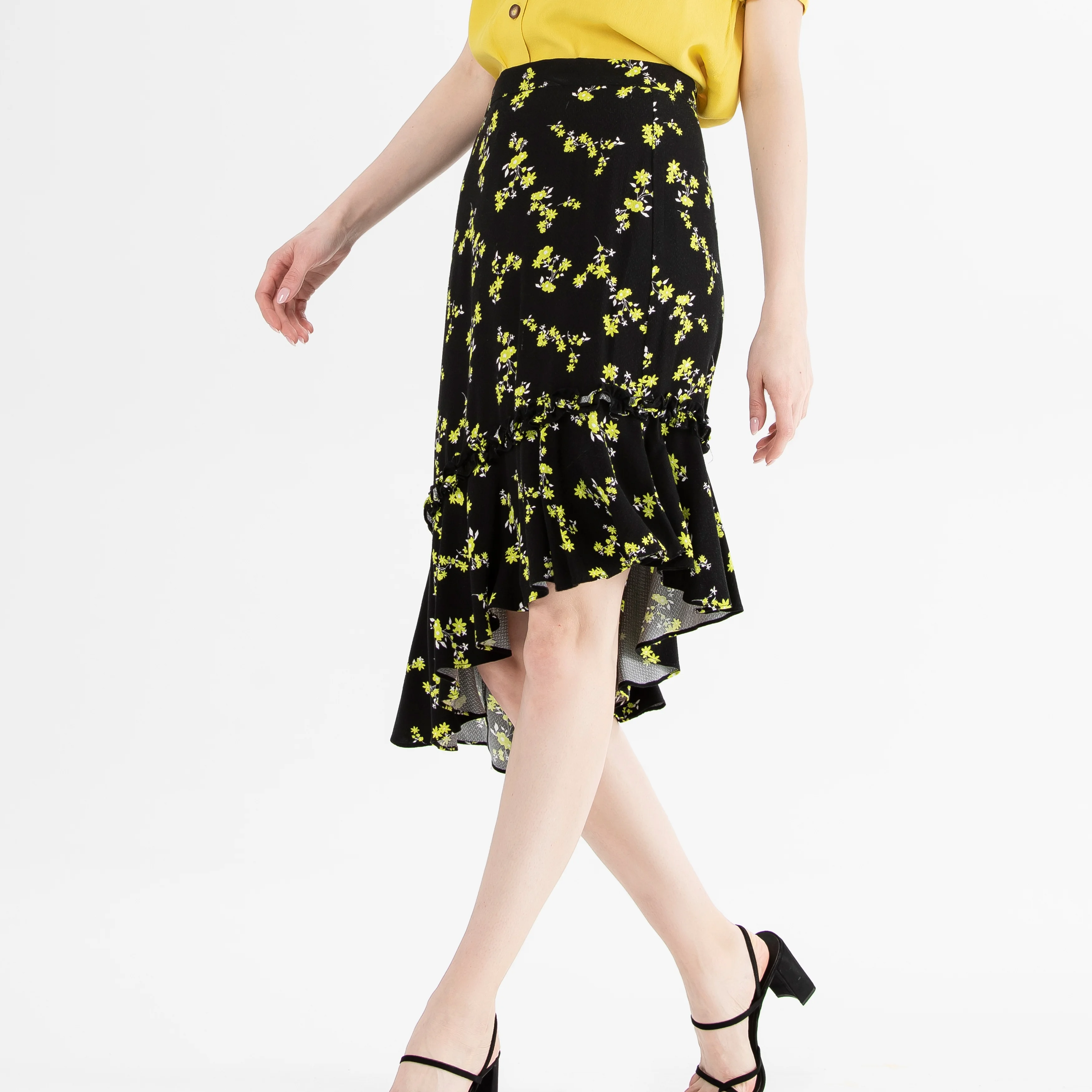 

Summer Floral Printing High Waist Invisible Zipper Casual Women Bodycon Pencil Ruffle Skirt Dress