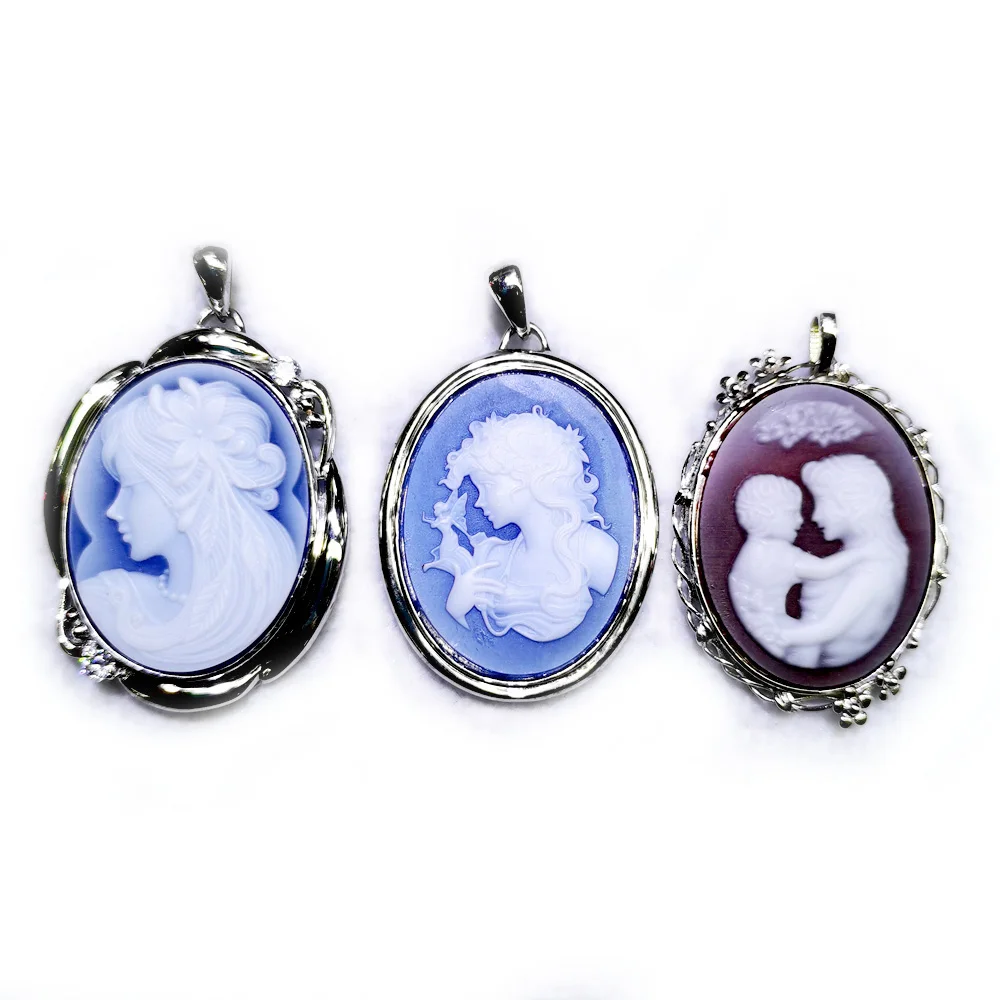

Natural High Quality 925 Sterling Silver Agate Gemstones 27x35mm Cameo Oval shape Beauty Head Pendant Carved Stones jewelry, Multi pendant