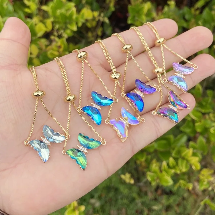 

2022 Geometric summer colorful 18k gold plated adjustable zircon change color handmade butterfly bracelets for woman