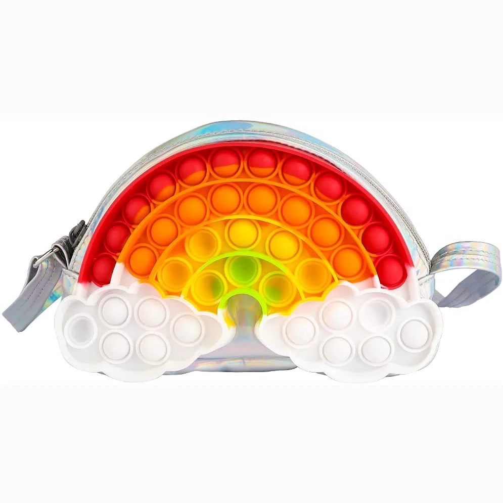 

New Fashion Silver Laser Pu Rainbow Pop Crossbody Purse Stress Relief Fidget Messenger Bag For Kids