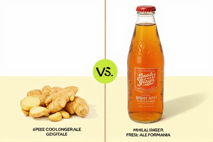 Fresh ginger root versus commercial ginger ale bottle showing minimal ginger content