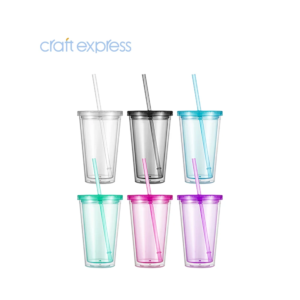 

BestSub Craft Express Silk Screen Transfer Printing Mug 16OZ Double Wall Clear Water Plastic Tumbler with Straw and Lid, 6 colors