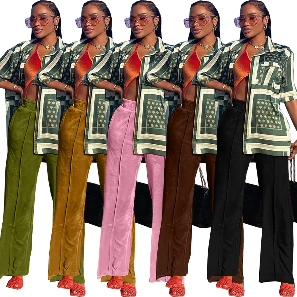 

Custom Logo Fashion Casual Velvet Loose Trousers For Ladies Solid Thick Velvet Wide Leg Pants