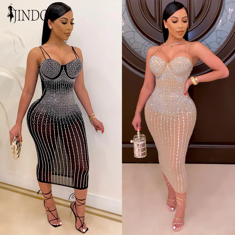 

2021 Summer New Fashion Women Club Sexy Evening Crystal Solid Color Casual Sling Dress, Picture color