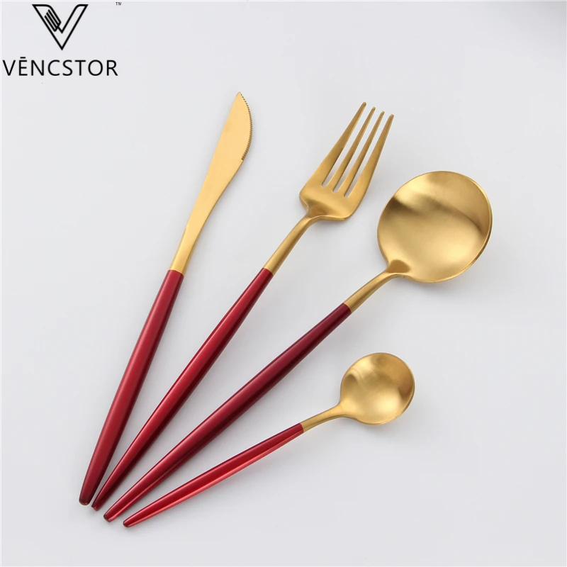

Modern style Red Handle Plated Gold Cutlery Spoon Fork Knife stainless steel Flatware set, Red gold