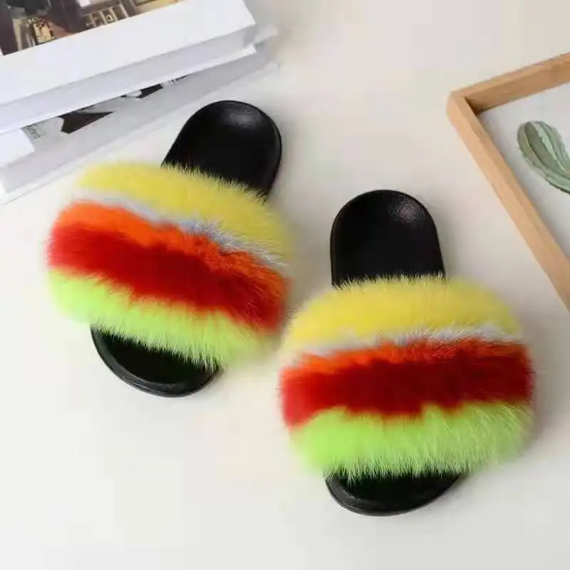 

Women Fur Slippers Cheap Fluffy Sandals Summer fox fur Slides Comfortable Indoor Real Fox Fur Slippers, Customized color
