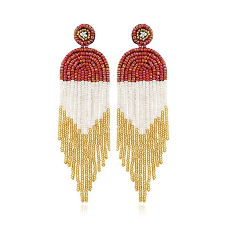

Long Rice Beads Tassel Earrings Ethnic Style Contrast Color Exaggerated Earrings, Picture