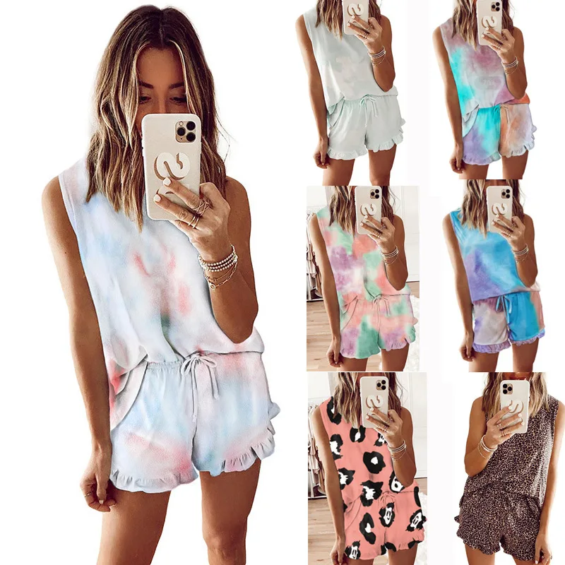 

Custom Women's summer print tie-dye pyjamas shorts sleeve gradient drawstring home set pajama set plus size women's sleepwear, As show