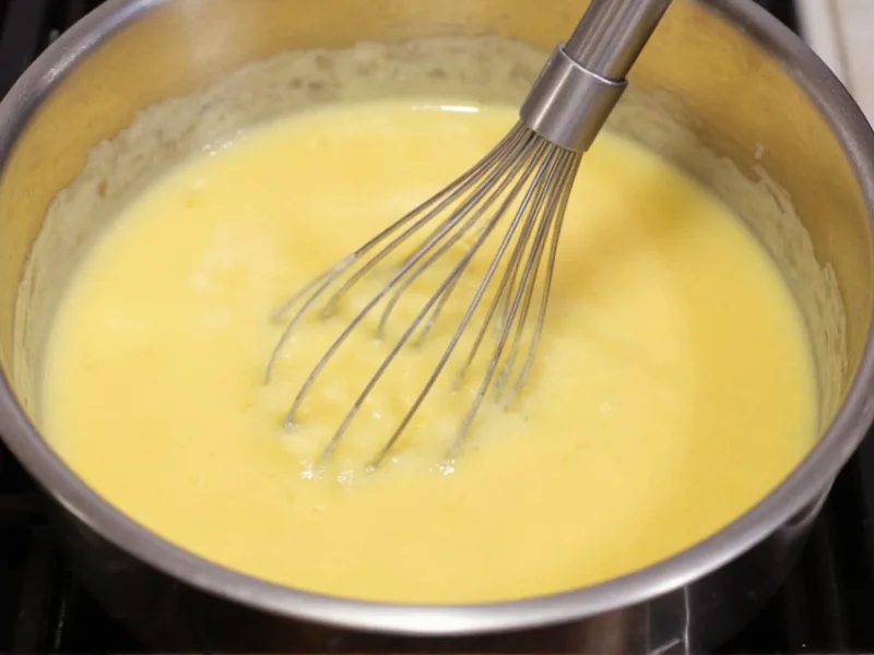 Whisking cheese sauce in stainless steel pot showing smooth texture