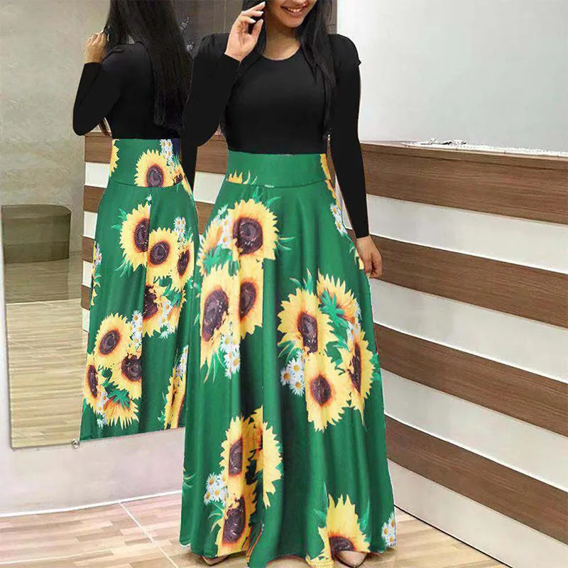 Women  Sunflower Print Casual Dress Long Sleeve High Waist Patchwork Plus Size Swing Maxi Dress