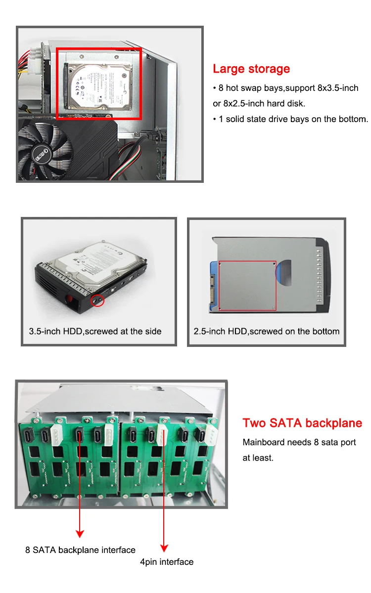 Carcasa NAS DIY de 8 + 2 bahías, bandeja de 8 x 2.5 ″ / 3.5 ″ + 2 bahías  internas de 2.5 pulgadas. MB ITX. PSU Flex. Ventilador frontal USB 3.0 3.1  in