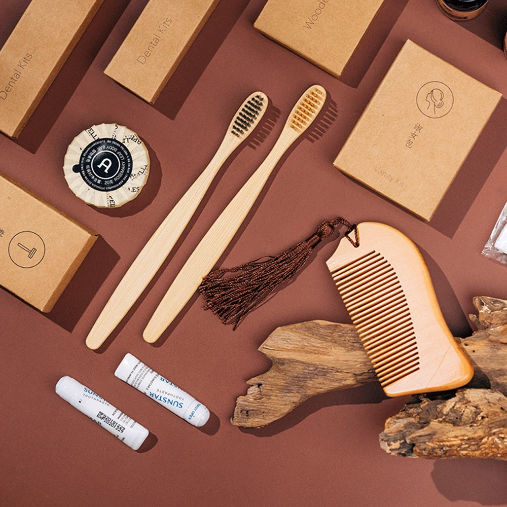 
Hotel Supplies Custom Wooden Bamboo Comb Shaver Biodegradable Toothbrush Kit 